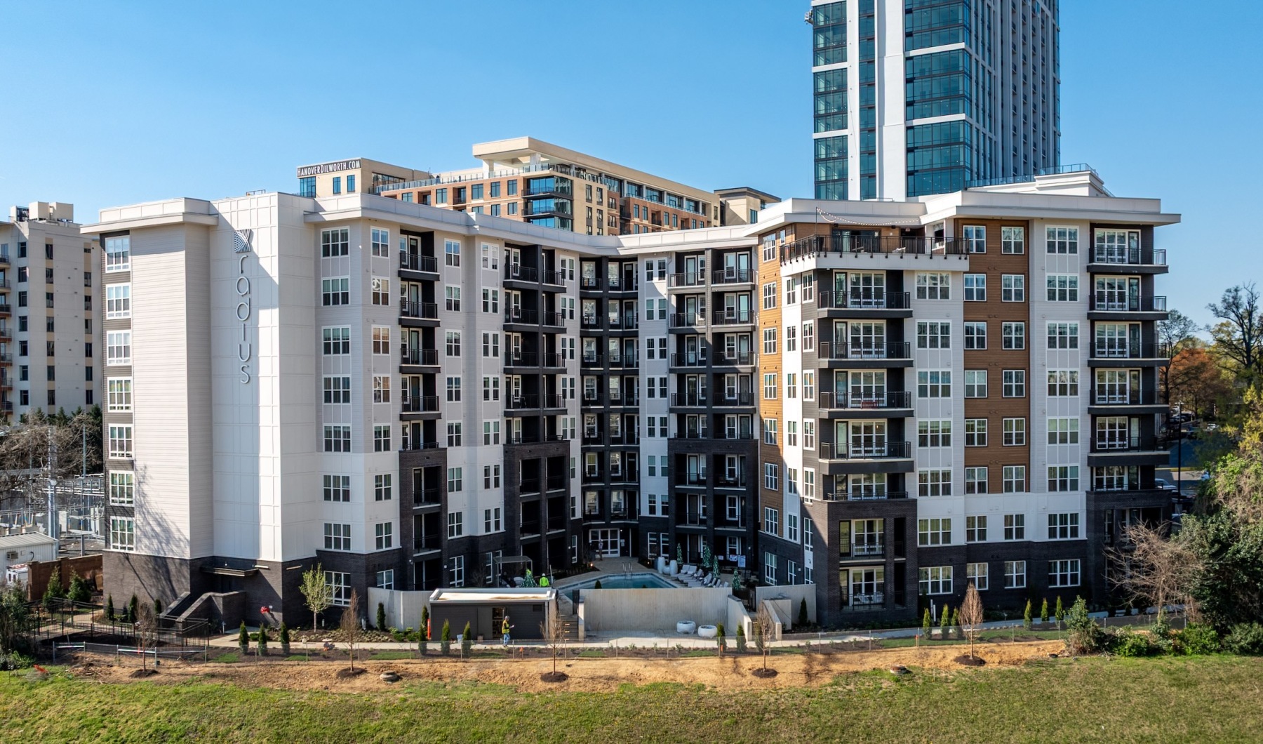 Exterior view of Enclave at Radius Dilworth apartments near Uptown Charlotte. Exterior view of Enclave at Radius Dilworth apartments near Uptown Charlotte.