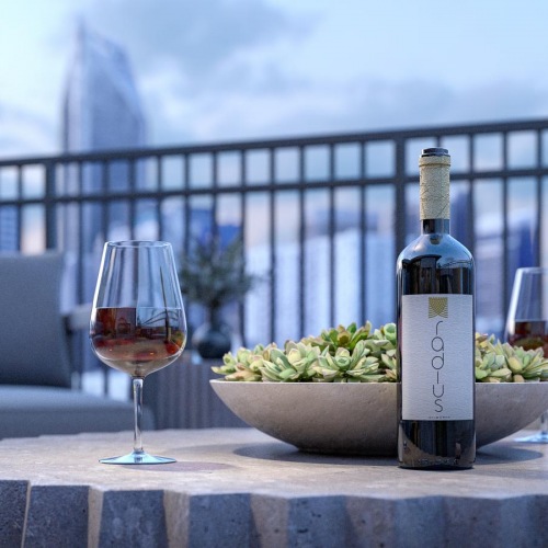 Settle into comfort at Enclave Radius Dilworth a bottle of wine and glasses on a table with a railing and a body of water in the